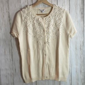 NWT, Ivory beaded flowers button up sweater